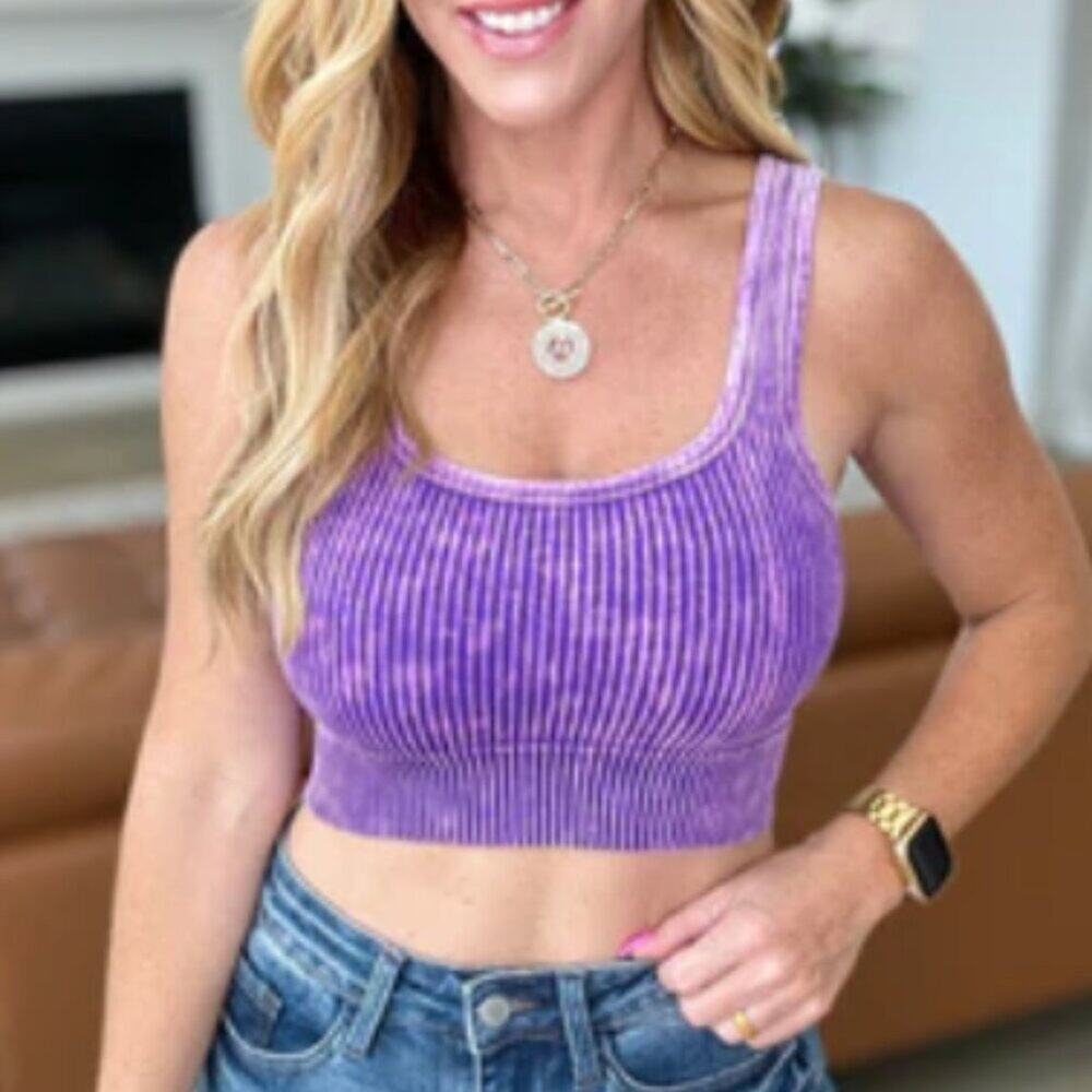 Zenana Ribbed Bralette – Purple Square Neck, Small
